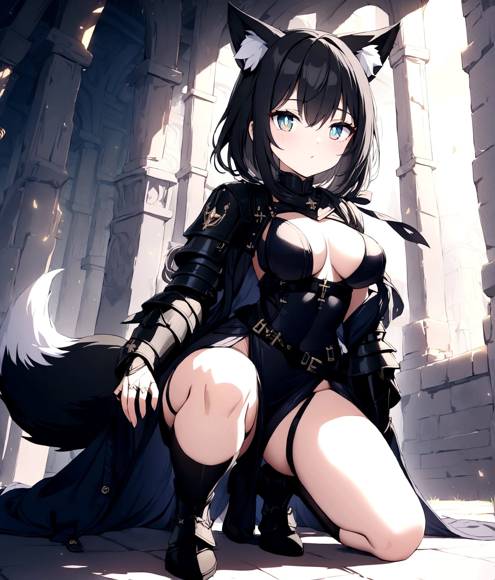 (1girl, Masterpiece, best quality) (detailed and beautiful eyes:1.6) (perfect hands, perfect anatomy) (full body)) (Mature) (Adult) Fox-girl Misaki has ((short black hair)), (Fox-ears). (She wears a black full cover fantasy, medieval adventurer armor with additional coat.) (She has a one black **fluffly** fox tail.) She has over-to-knee socks. Her standing position shows strength. No weapon.