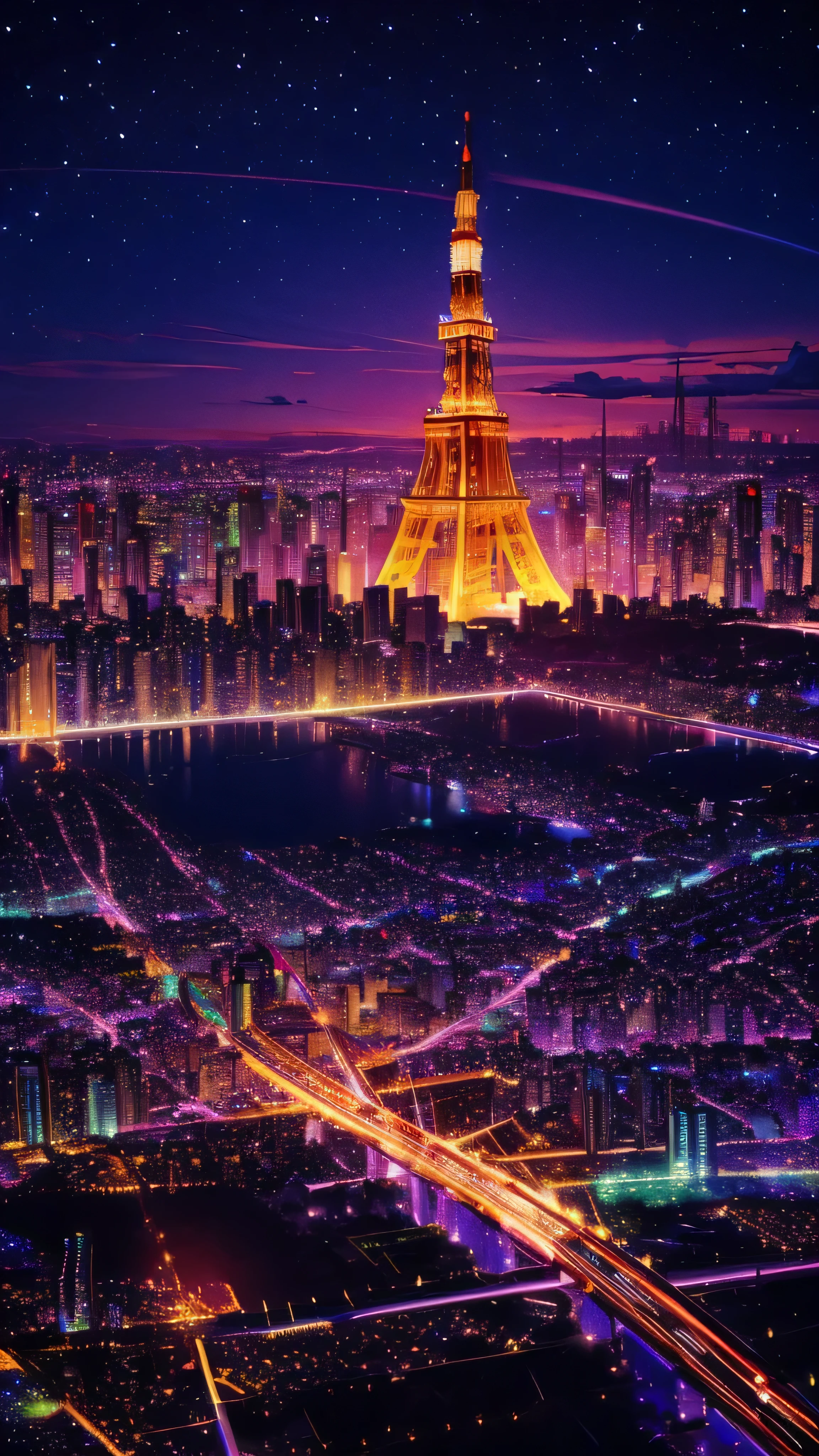 Music score playback、Colorful music playing、 Night view from a high place、Drawing a large number of skyscrapers, Look up at the starry sky. Colorful nebulae and colorful metropolises.((Tokyo Tower))