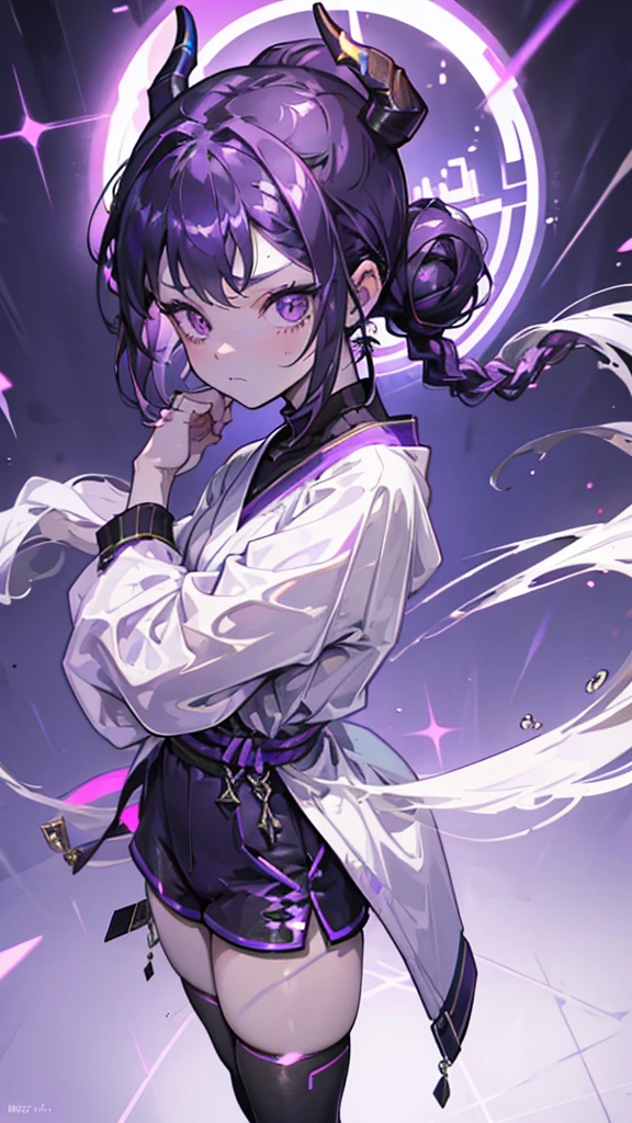 boy, thoughtful look, open forehead, black and purple hair braided into a ponytail on the left side in a bun. small curly black horns wrapped in white ribbon, pale violet eyes, short dark purple shorts. Long white t-shirt. dark purple knee socks. dark purple hooded robe, with a pattern of gold circles and a white robe on the inside. dark corridor with stairs, rays of light fall from above