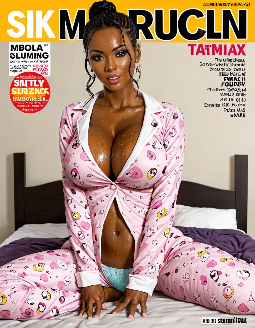 Magazine cover,美丽Black person女人(Wearing silk pajamas,underwear),,(dark skin),E7E48U,Sweating all over,Large Breasts,Black person,on the bed
