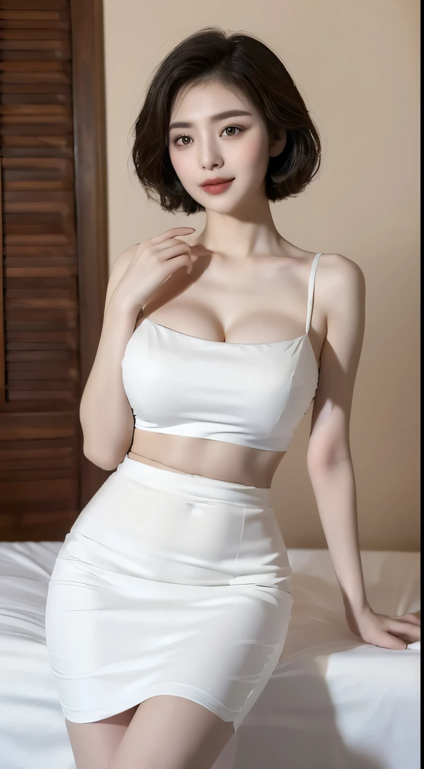 ((best quality, 8K, masterpiece: 1.3)), 1 Girl, Slim belly beauty: 1.3, (short hair, Large Breasts: 1.2), skirt: 1.1, Very delicate face, Exquisite eyes, Double eyelids, White cat ear bow