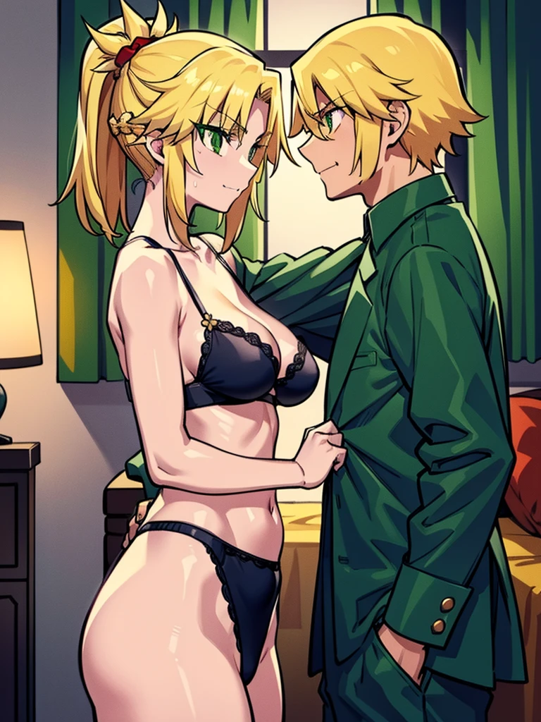 (masterpiece、top-quality、hight resolution), In a dimly lit hotel room, a man sits on the edge of the bed, looking shocked and uncomfortable. Standing in front of him is a woman dressed as an escort, who he quickly recognizes as the delinquent girl who used to bully him in school. Her expression is a mix of surprise and amusement as she realizes who he is. She stands with one hand on her hip and a teasing smile on her face, clearly enjoying his discomfort. The room is simple, with a bed, nightstand, and dim lighting, creating an intimate yet tense atmosphere. The focus is on their facial expressions and body language, highlighting the awkward and unexpected reunion. nsfw, modred, (green eyes:1.5), blonde hair, ponytail, short hair, scrunchie, red scrunchie, hair scrunchie