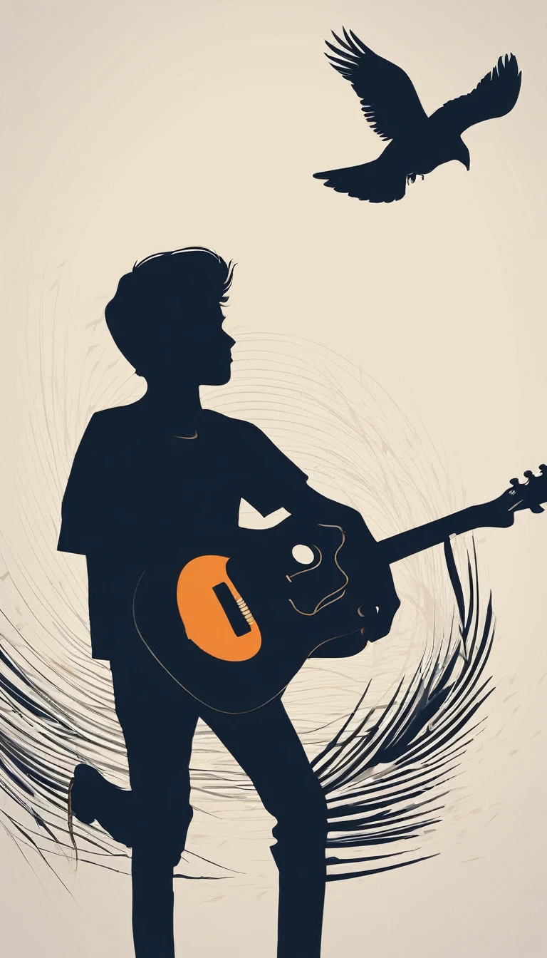 Create a modern, minimalistic logo design for a brand about music and movies called " Penamemoria". The logo must be in minimalistic style and convey a sense of storytelling. The logo is the silhouette of a boy and a bird. The boy is running with open arms, holding an acoustic guitar in the right hand and a bird feather in the left hand. Minimalistic logo design impressed on a book cover