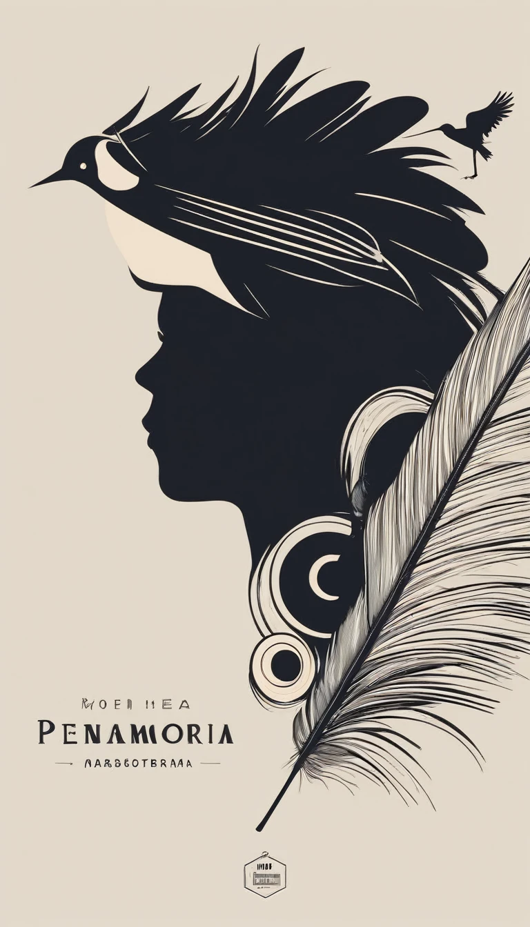 Create a modern, minimalistic logo design for a brand about music and movies called " Penamemoria". The logo must be in minimalistic style and convey a sense of storytelling. The logo is the silhouette of a boy and a bird. The boy is running with open arms, holding an acoustic guitar in the right hand and a bird feather in the left hand. Minimalistic logo design impressed on a book cover