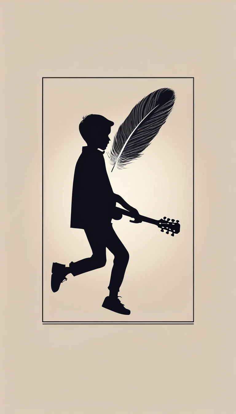 Create a modern, minimalistic logo design for a brand about music and movies called " Penamemoria". The logo must be in minimalistic style and convey a sense of storytelling. The logo is the silhouette of a boy and a bird. The boy is running with open arms, holding an acoustic guitar in the right hand and a bird feather in the left hand. Minimalistic logo design impressed on a book cover
