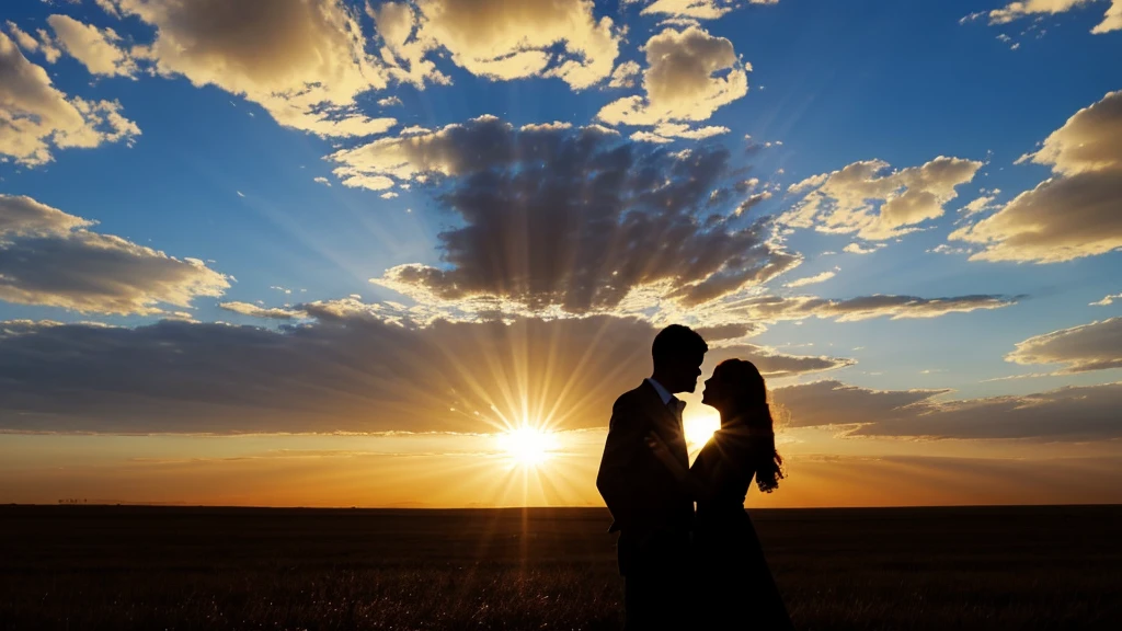 western country , man and woman silhouette , sun beam, clouds