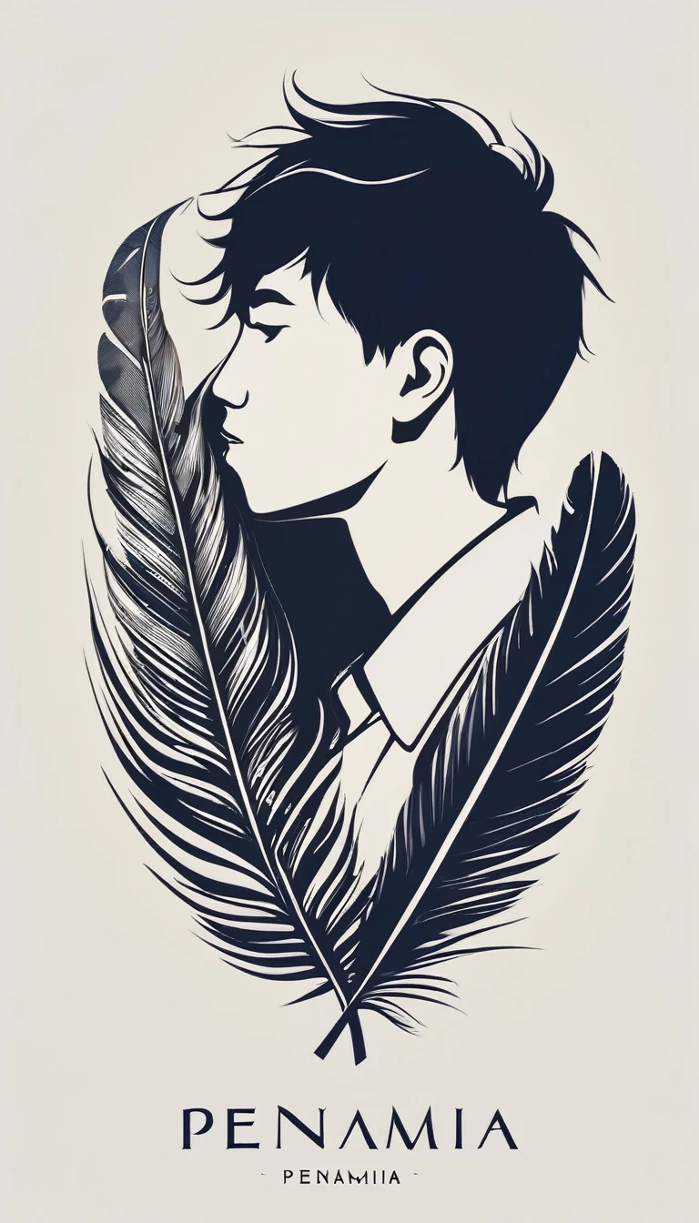 Create a minimal, modern, simple, inspirational, memorable, dream like logo design of a boy and a feather for the brand “Penamemoria".

