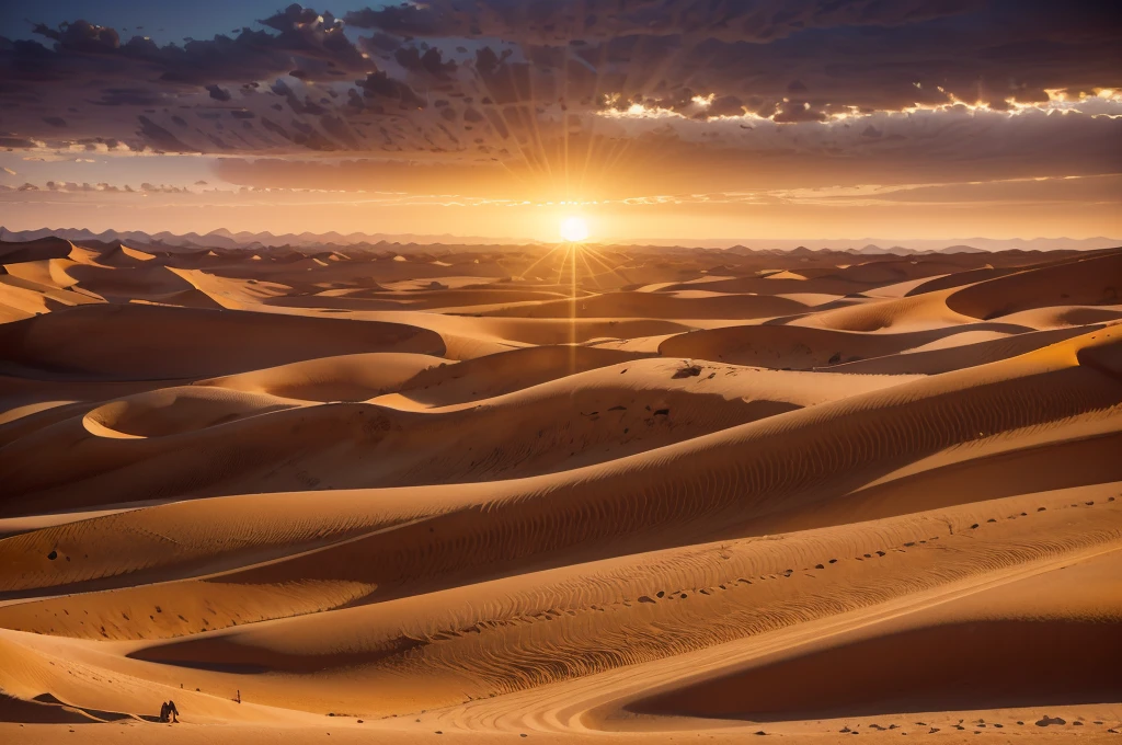 Syrian Desert: Located in Syria, Jordan, Iraq and Saudi Arabia, this desert is characterized by gravel plains and some areas of sand, photography inspired by Ansel Adams, showing the vastness of the desert with a dramatic sky in the background, warm colors predominating , with natural light from the setting sun, serene and pristine atmosphere
