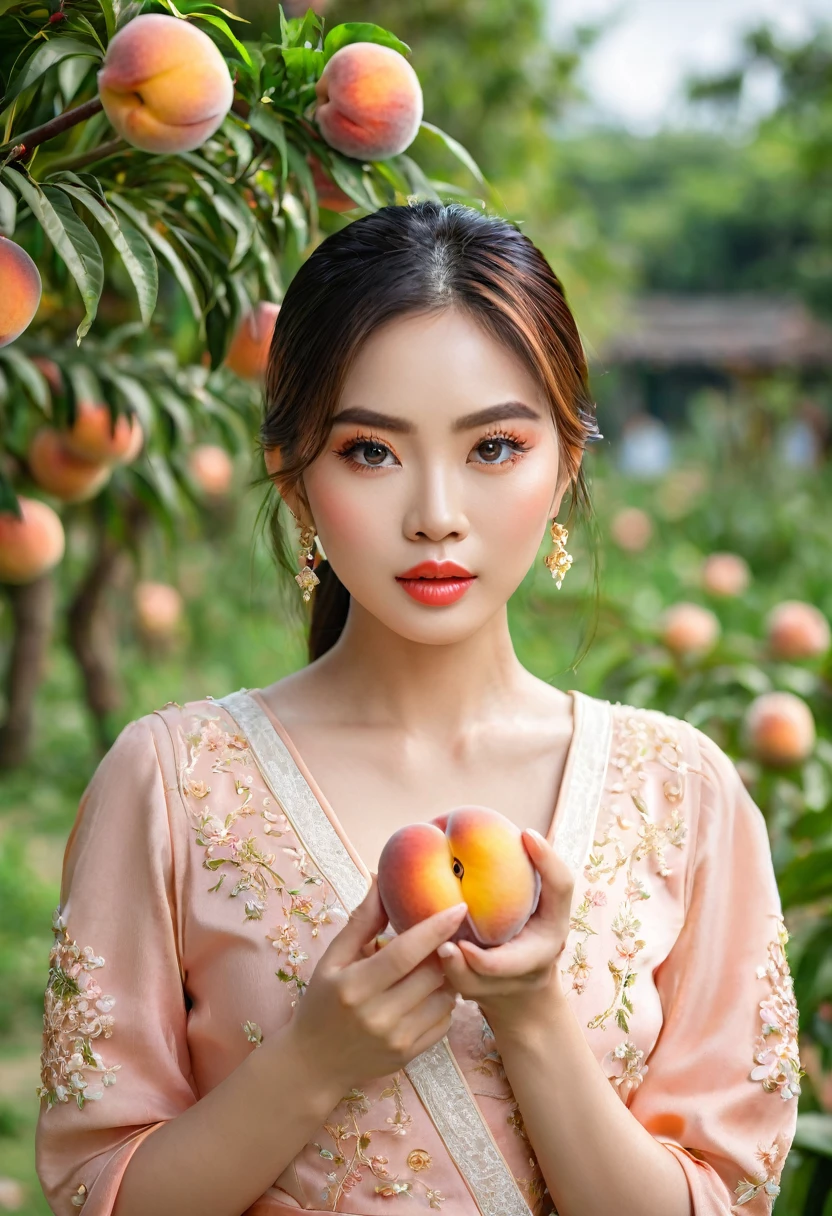 
a beautiful Thai actress, beautiful detailed eyes, beautiful detailed lips, extremely detailed eyes and face, long eyelashes, beautiful face, serene expression, holding a piece of peach, standing in a middle of a peach garden, natural lighting, professional portrait, captured by mirrorless camera with 135mm lens, 8k, ultra-detailed, realistic, photo-realistic, physically-based rendering, vivid colors, natural lighting, warm color tones, detailed foliage, flower petals around, intricate details