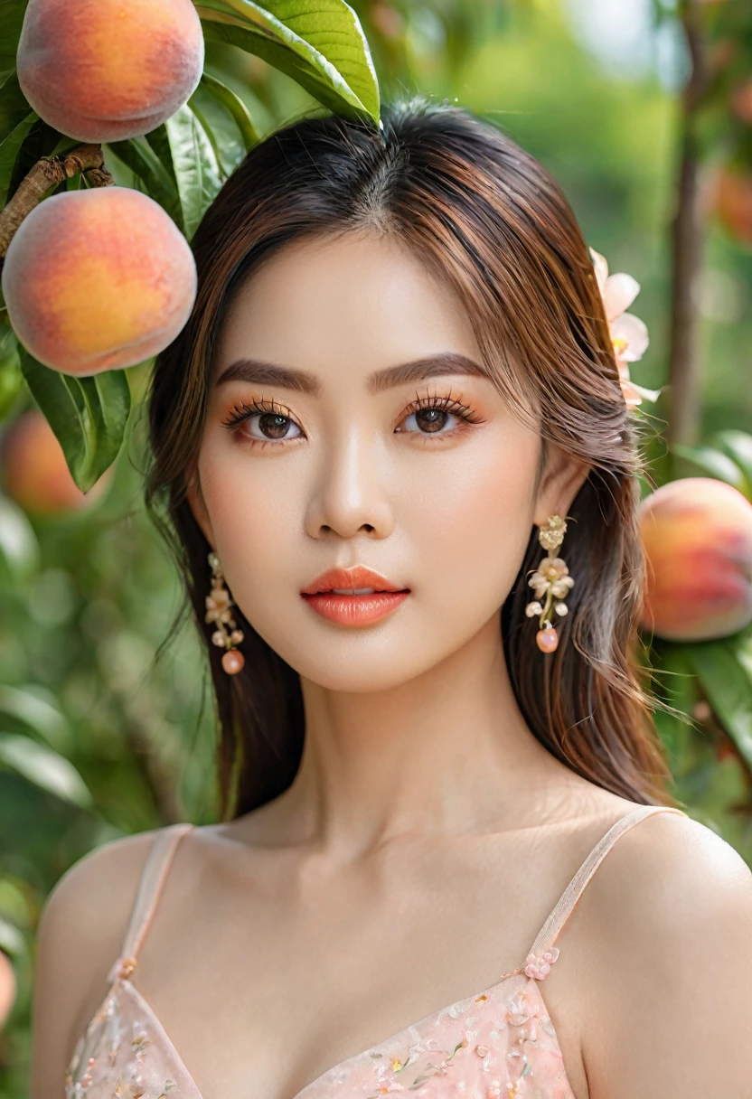 a beautiful Thai actress, beautiful detailed eyes, beautiful detailed lips, extremely detailed eyes and face, long eyelashes, beautiful face, serene expression, holding a piece of peach, standing in a middle of a peach garden, natural lighting, professional portrait, captured by mirrorless camera with 135mm lens, 8k, ultra-detailed, realistic, photo-realistic, physically-based rendering, vivid colors, natural lighting, warm color tones, detailed foliage, flower petals around, intricate details