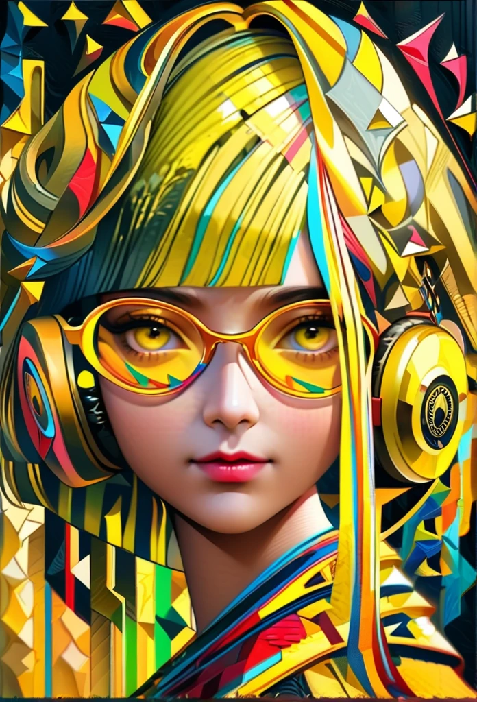 (((yellow glasses:1.3))), headphone, short hair, blunt bangs,Please turn the provided image into a painting keeping the same agape face features and realistic likeness and with the following characteristics: Art Style: Flowing Picasso style. Colors: Vibrant and dynamic, using bold and contrasting colors like the photo Details: Emphasize abstract shapes and flowing lines to capture the essence of her features. Mood: Artistic and expressive, with a surreal and imaginative touch. Background: Complementary to the Picasso style, potentially with abstract elements or patterns. Note: The final image should creatively reinterpret her likeness in a way that feels both unique and artistic, reminiscent of Picasso's distinctive and abstract painting style. pink Mohawk and steampunk clothing by worlds best photographer, punk rock, extremely realistic, muted colours, soft lighting, 8k, hi-res,