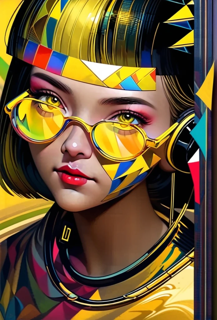 (((yellow glasses:1.3))), headphone, short hair, blunt bangs,Please turn the provided image into a painting keeping the same agape face features and realistic likeness and with the following characteristics: Art Style: Flowing Picasso style. Colors: Vibrant and dynamic, using bold and contrasting colors like the photo Details: Emphasize abstract shapes and flowing lines to capture the essence of her features. Mood: Artistic and expressive, with a surreal and imaginative touch. Background: Complementary to the Picasso style, potentially with abstract elements or patterns. Note: The final image should creatively reinterpret her likeness in a way that feels both unique and artistic, reminiscent of Picasso's distinctive and abstract painting style. pink Mohawk and steampunk clothing by worlds best photographer, punk rock, extremely realistic, muted colours, soft lighting, 8k, hi-res,