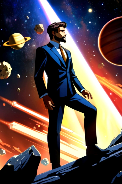 Draw a young programmer, sitting on a research platform floating in the middle of an asteroid belt. He is studying with a notebook, surrounded by several asteroids glowing with fiery auras. Dramatic lighting from distant stars and planets illuminates the scene, casting deep shadows on the suit. The young man looks confident and determined, looking at the vast and mysterious universe with wonder and respect,facial hair, cowboy shot,