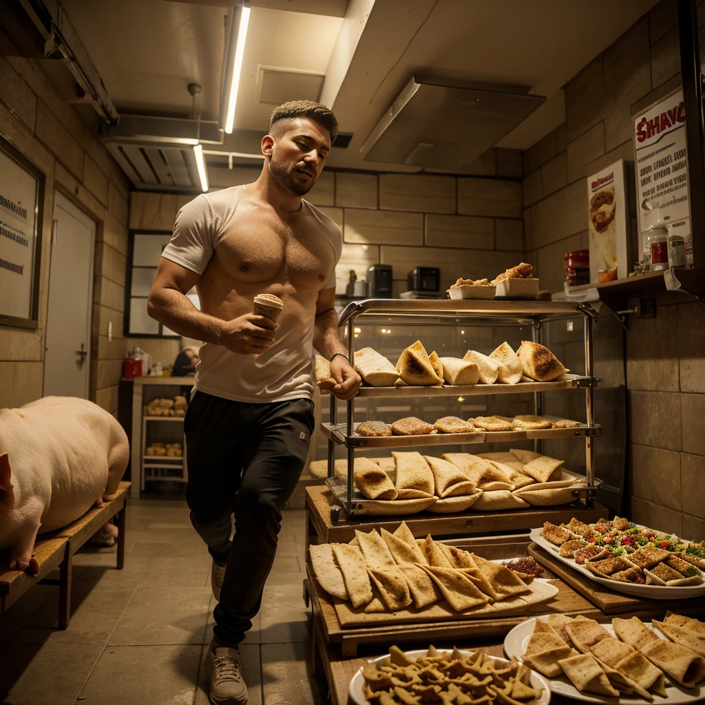 A man with shawarma in his hands runs away from a pig, escape from the pig, Shawarma, большая Shawarma, огромная Shawarma, man holding shawarma in two hands, a man quickly runs away from a pig, большая длинная Shawarma, shavuha is huge, lavash, a huge pig runs after a man
