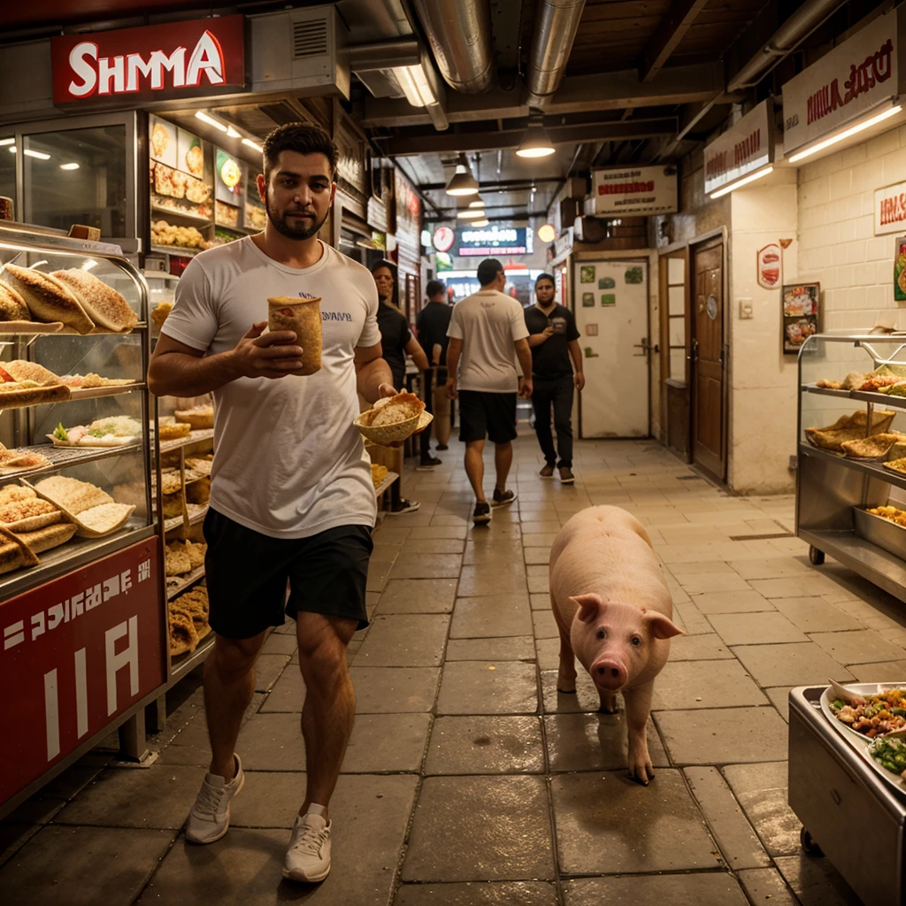 A man with shawarma in his hands runs away from a pig, escape from the pig, Shawarma, большая Shawarma, огромная Shawarma, man holding shawarma in two hands, a man quickly runs away from a pig, большая длинная Shawarma, shavuha is huge, lavash, a huge pig runs after a man