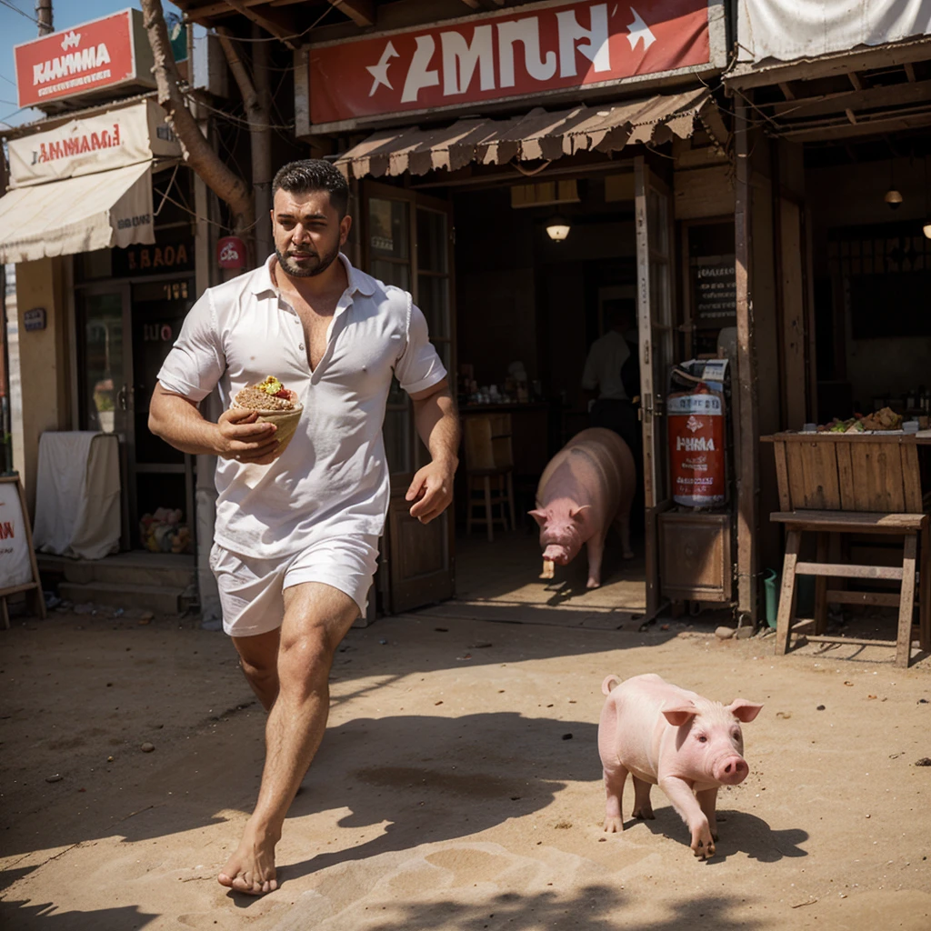 A man with shawarma in his hands runs away from a pig, escape from the pig, Shawarma, большая Shawarma, огромная Shawarma, man holding shawarma in two hands, a man quickly runs away from a pig, большая длинная Shawarma, shavuha is huge, lavash, a huge pig runs after a man