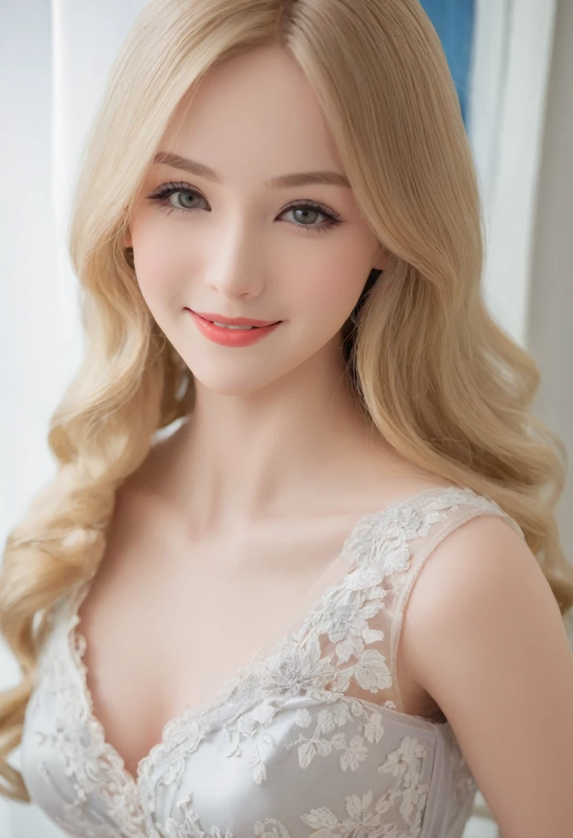 Leila、18-year-old、(1 Russian woman)、(Thin contours:1.3)、(Grey Eyes:2.0)、(Realistic bust size 90cm:1.3)、(Narrow waist)、(Natural blonde medium long hair:1.3)8-head-tall model style、Long dress、Inside the room、smile