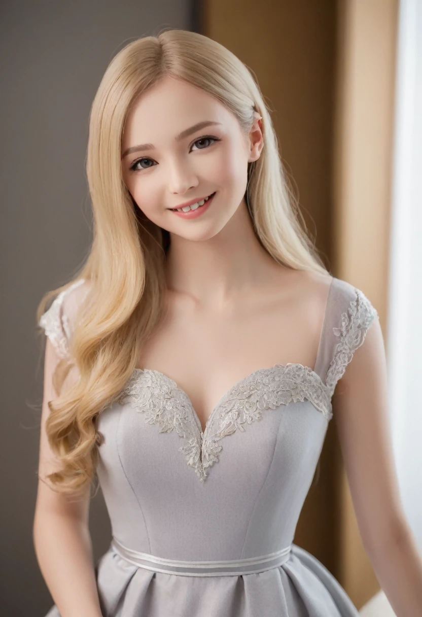 Leila、18-year-old、(1 Russian woman)、(Thin contours:1.3)、(Grey Eyes:2.0)、(Realistic bust size 90cm:1.3)、(Narrow waist)、(Natural blonde medium long hair:1.3)8-head-tall model style、Long dress、Inside the room、smile