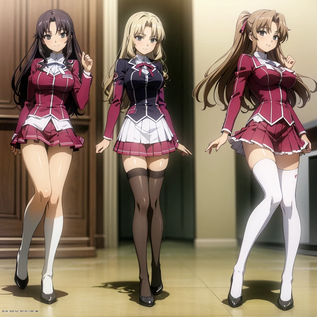 Masterpiece, high quality, 2girls, duo, identical twins, identical sisters, brown hair, curly hair, matching hairstyles, hazel eyes, medium sized bust, (school uniform, sexy school uniform, blazer, lace section, ribbon, rainbow short skirt, white thigh-high socks, black high heels, matching outfits), smile, flat_color, full body, seductive pose, duo pose