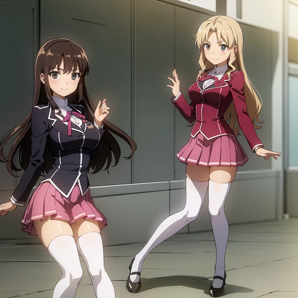 Masterpiece, high quality, 2girls, duo, identical twins, identical sisters, brown hair, curly hair, matching hairstyles, hazel eyes, medium sized bust, (school uniform, sexy school uniform, blazer, lace section, ribbon, rainbow short skirt, white thigh-high socks, black high heels, matching outfits), smile, flat_color, full body, seductive pose, duo pose