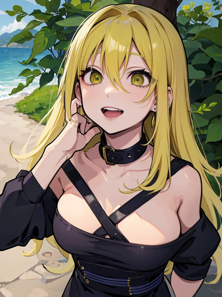 21-years old woman, blond har combed to the left side, green eyes