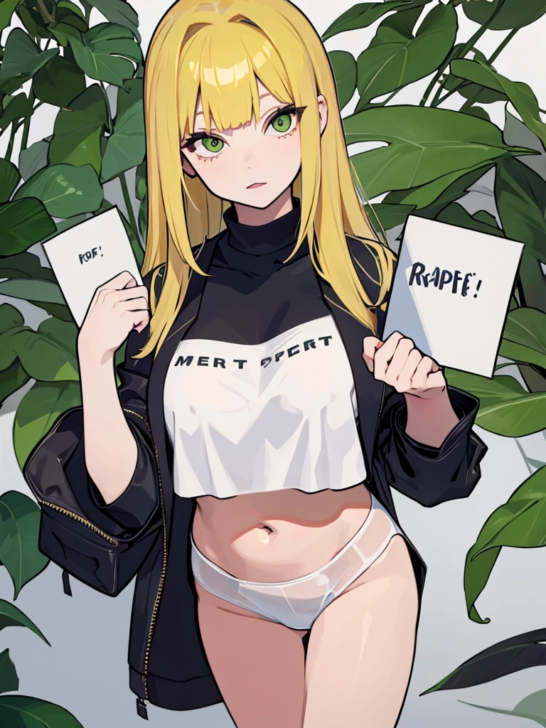21-years old woman, blond har combed to the left side, green eyes