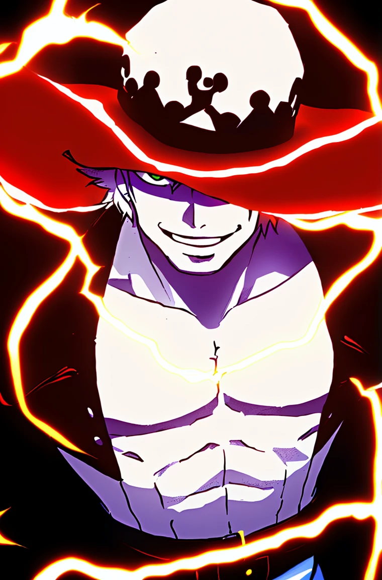 1boy, wanostyle, 1 men, muscular body, wide shoulders, smiling, red pirate capitan hat, looking at viewer, solo, full body body, ((masterpiece)), (best quality), (extremely detailed), depth of field, sketch, dark intense shadows, sharp focus, soft lighting, hdr, colorful, good composition, red lightning, black lightning, spectacular, white shirt with lace, half the buttons are not fastened, captain's shoulder pads, anime screencap, scar under eye, long white hair, ready to fight, green eyes