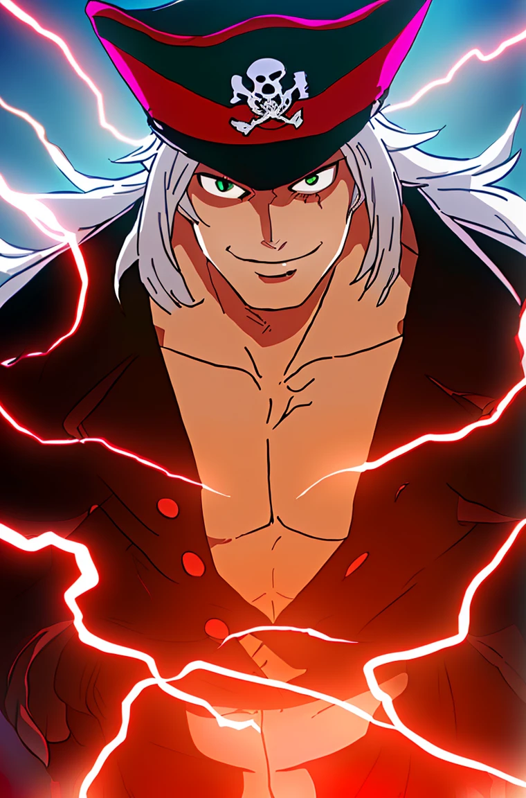 1boy, wanostyle, 1 men, muscular body, wide shoulders, smiling, red pirate capitan hat, looking at viewer, solo, full body body, ((masterpiece)), (best quality), (extremely detailed), depth of field, sketch, dark intense shadows, sharp focus, soft lighting, hdr, colorful, good composition, red lightning, black lightning, spectacular, white shirt with lace, half the buttons are not fastened, captain's shoulder pads, anime screencap, scar under eye, long white hair, ready to fight, green eyes