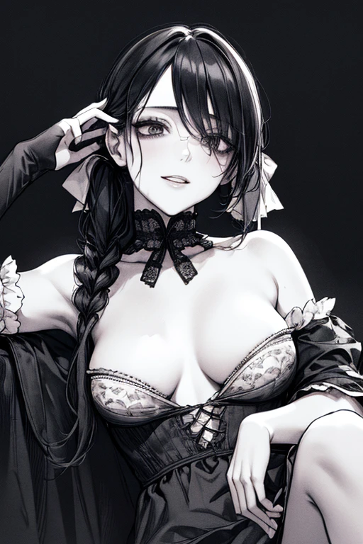 Highest quality, (Background details), (On Top of Man), Look down, View from below, whole body, Spread your legs, slip, High Contrast, Super Beauty, Detailed original illustrations, Sensual, Delicate face, Charm, Bad boy, sexy, looking at the camera, Real breasts, Twin tails, Stalker, Crazy Smile, Crazy Eyes, attention arousal, Pale skin, Bloodstained, Black Hair, Yandere, Mine Girl, ta, Black background, (Black background: 1. 5), Beautiful line art