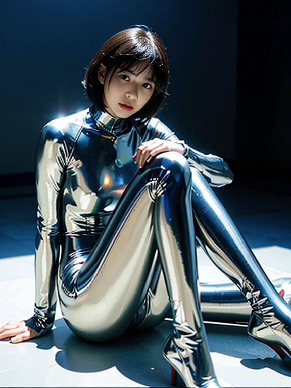 Study, Wearing a transparent suit, sit on the floor, Latex Shining, Atsuko Kudo wears latex clothing, wearing a tight suit, Smooth and fair skin, white body, Shining metallicshining肌, Shining Plastic, Futuristic shining transparent set, Shining Plastic armor, shining glossy skin, body-hugging suit, Wear transparent, Shining metallic, shining spread your legs M-shaped legs angry expression Bad mood