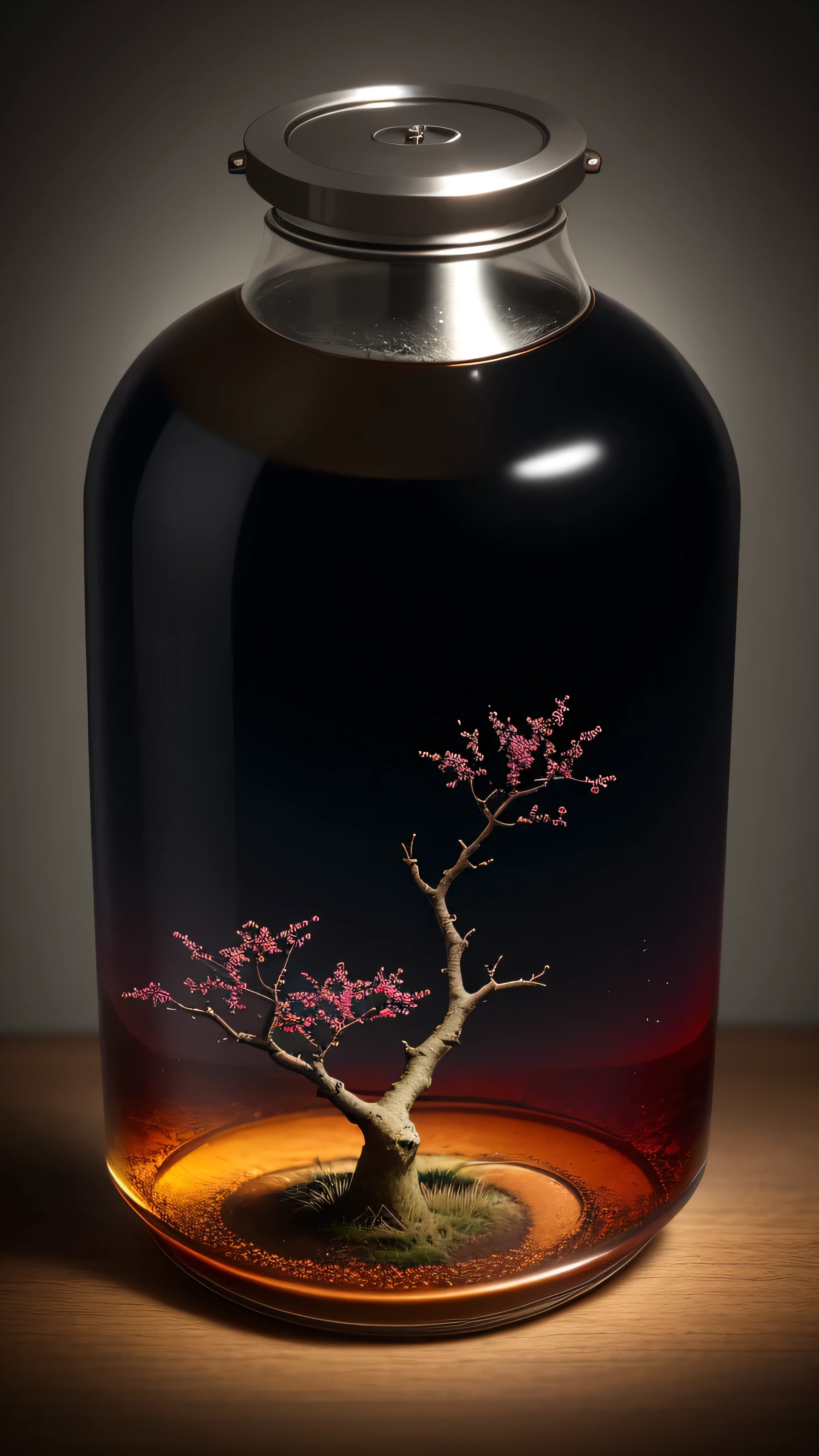 Cherry tree in a bottle,Growing from a bottle,Protruding nipples,fluffy,Realistically,Refraction of atmospheric light,photograph:Lee Jeffries,Nikon d850 film stock photos 4 kodak portra 400 camera f1.6 shots,Rich colors,Ultra-realistic texture,Dramatic lighting,Unreal Engine Trending on Artstation cinestill 800,Style-Glass