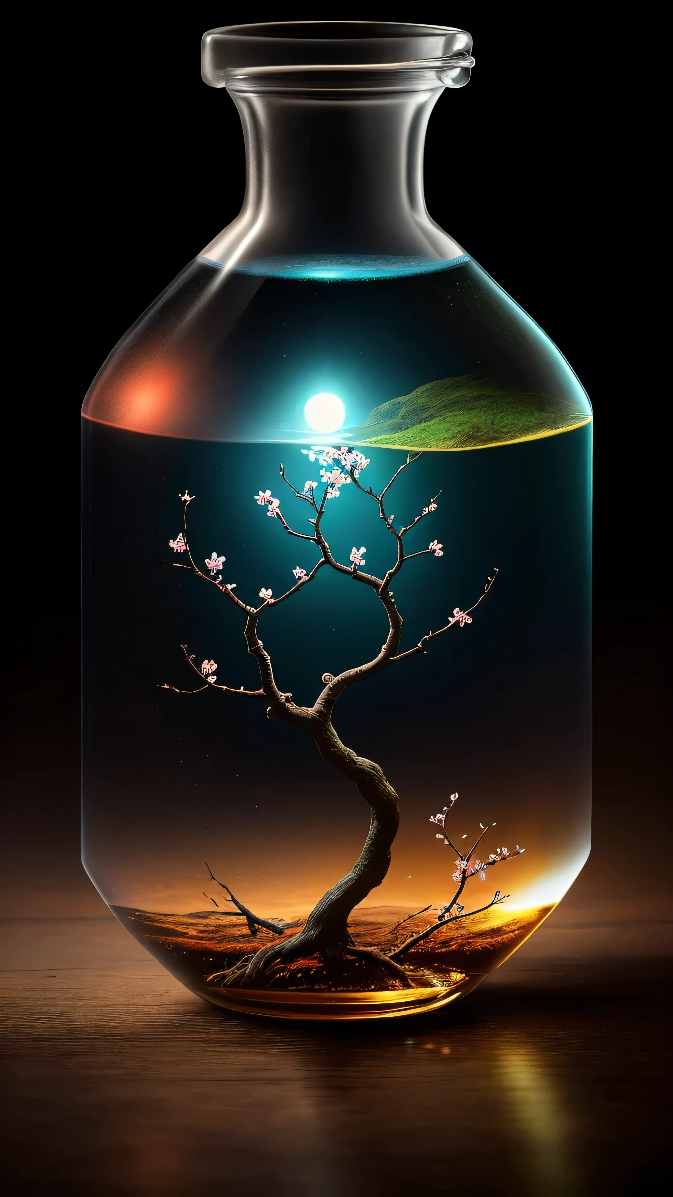 Cherry tree in a bottle，Growing from a bottle，Protruding nipples，fluffy，Realistically，Refraction of atmospheric light，photograph：Lee Jeffries，Nikon d850 film stock photos 4 kodak portra 400 camera f1.6 shots，Rich colors，Ultra-realistic texture，Dramatic lighting，Unreal Engine Trending on Artstation cinestill 800，Style-Glass