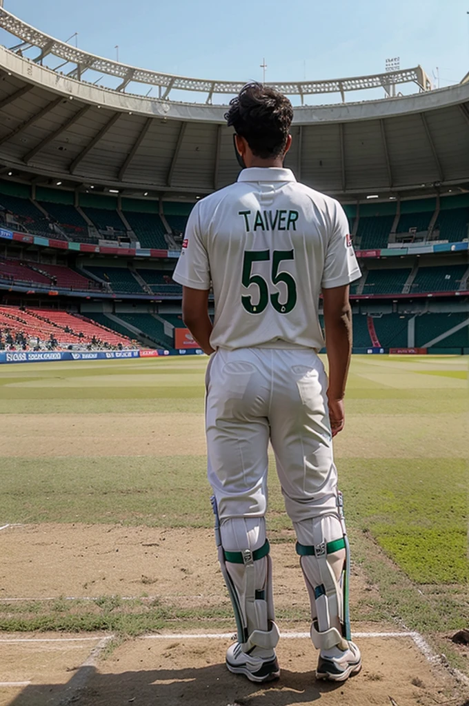 A boy standing in a stadium in pakistan cricket team uniform with the name of Tanveer On his Back with 56 number