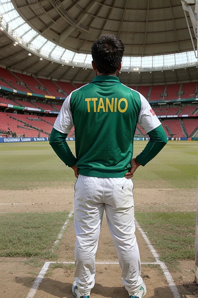 A boy standing in a stadium in pakistan cricket team uniform with the name of Tanveer On his Back with 56 number