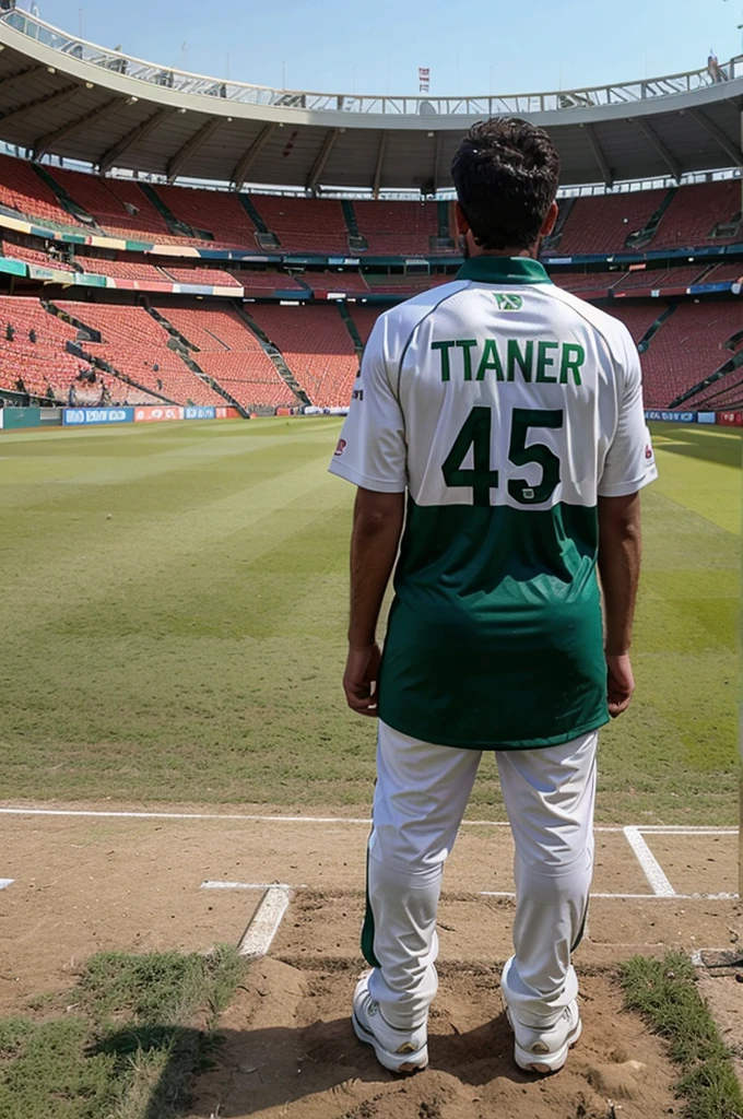 A boy standing in a stadium in pakistan cricket team uniform with the name of Tanveer On his Back with 56 number