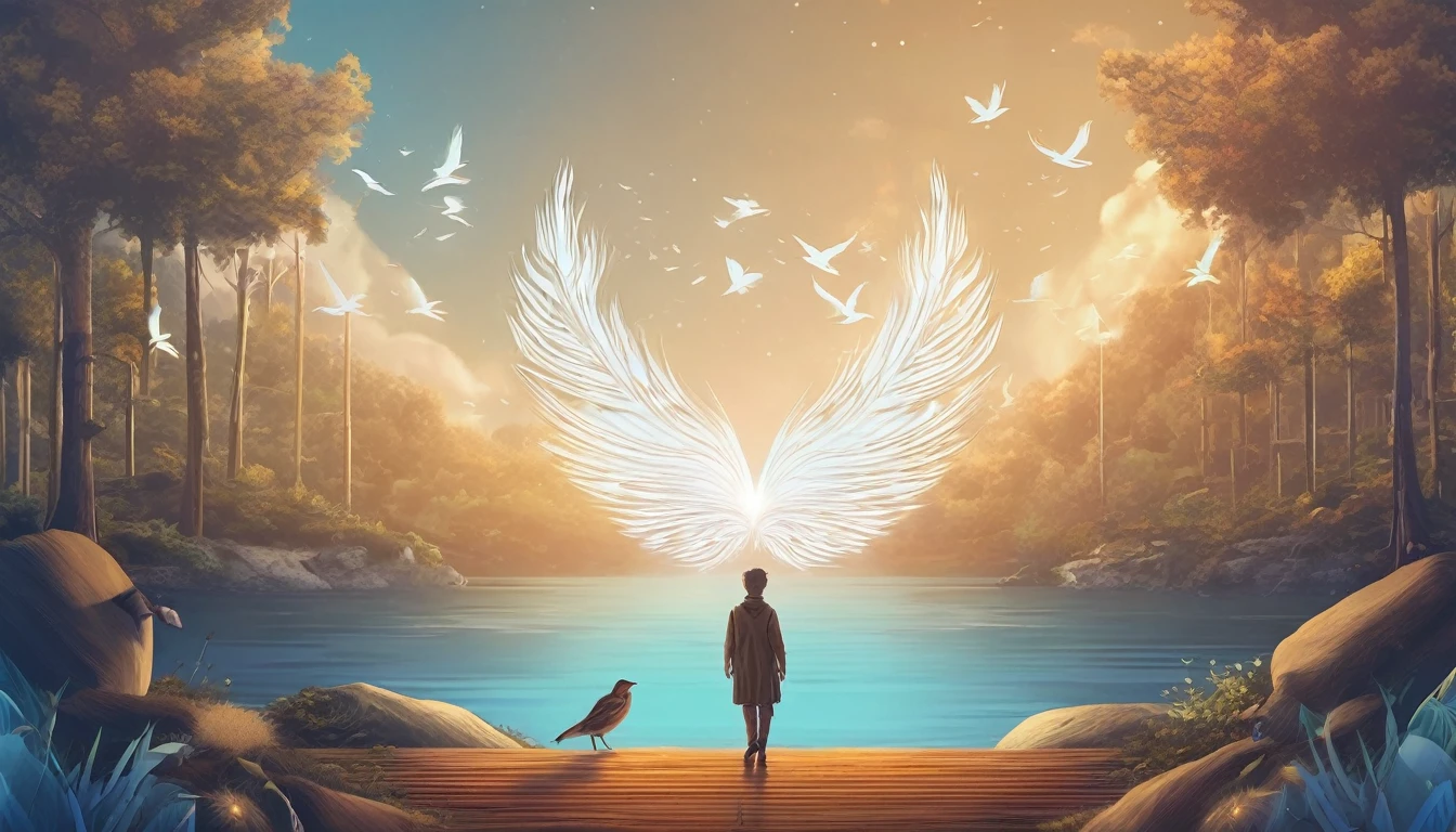 Create a professional, fantastic, cinematic dream-like Youtube Banner for a brand about music, stories, fantasy and dreams called " Penamemoria". Masterpiece, 4k, sharp focus, highest quality,wide shot. The title is " Penamemoria". Is a brand about the creative, unique journey of a boy into becoming a musician storyteller. In his journey he finds inspiration in a world of birds and feathers. Minimalistic, simple, poetic, dreamy logotype at the center of the image. The Background image is a world full of fantastic feathers, unique birds, light blue sky, soft white and light golden. Logo design of a face of a boy and a face of a feather