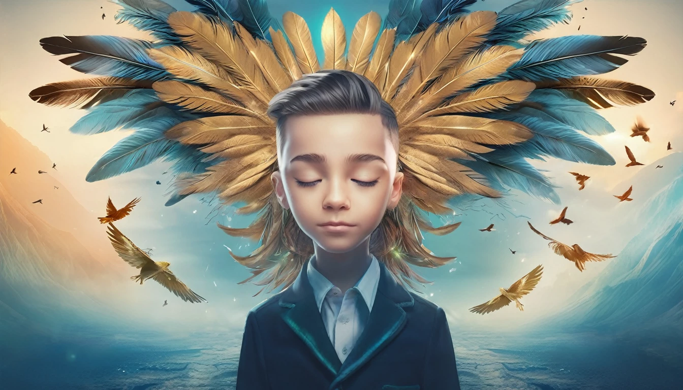 Create a professional, fantastic, cinematic dream-like Youtube Banner for a brand about music, stories, fantasy and dreams called " Penamemoria". Masterpiece, 4k, sharp focus, highest quality,wide shot. The title is " Penamemoria". Is a brand about the creative, unique journey of a boy into becoming a musician storyteller. In his journey he finds inspiration in a world of birds and feathers. Minimalistic, simple, poetic, dreamy logotype at the center of the image. The Background image is a world full of fantastic feathers, unique birds, light blue sky, soft white and light golden. Logo design of a face of a boy and a face of a feather