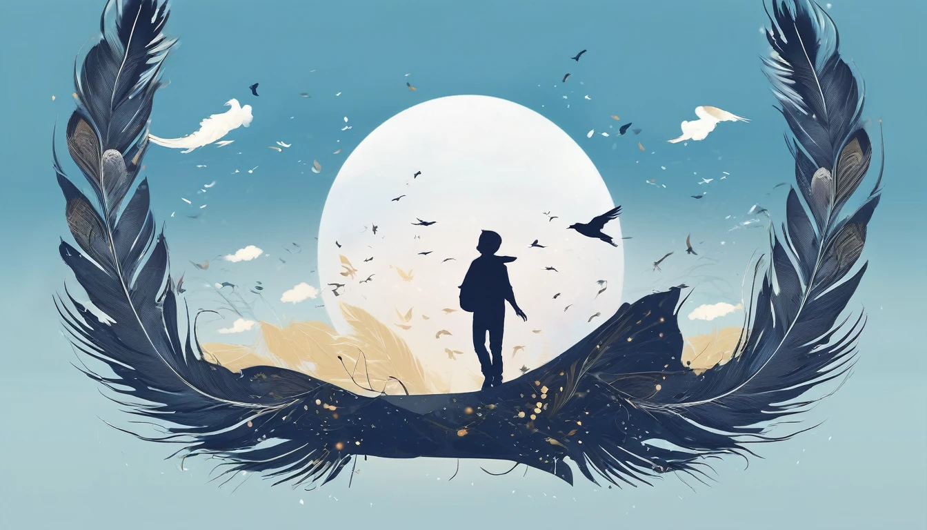 Create a professional, fantastic, cinematic dream-like Youtube Banner for a brand about music, stories, fantasy and dreams called " Penamemoria". Masterpiece, 4k, sharp focus, highest quality,wide shot. The title is " Penamemoria". Is a brand about the creative, unique journey of a boy into becoming a musician storyteller. In his journey he finds inspiration in a world of birds and feathers. Minimalistic, simple, poetic, dreamy logotype at the center of the image. The Background image is a world full of fantastic feathers, unique birds, light blue sky, soft white and light golden. Logo design of a face of a boy and a face of a feather