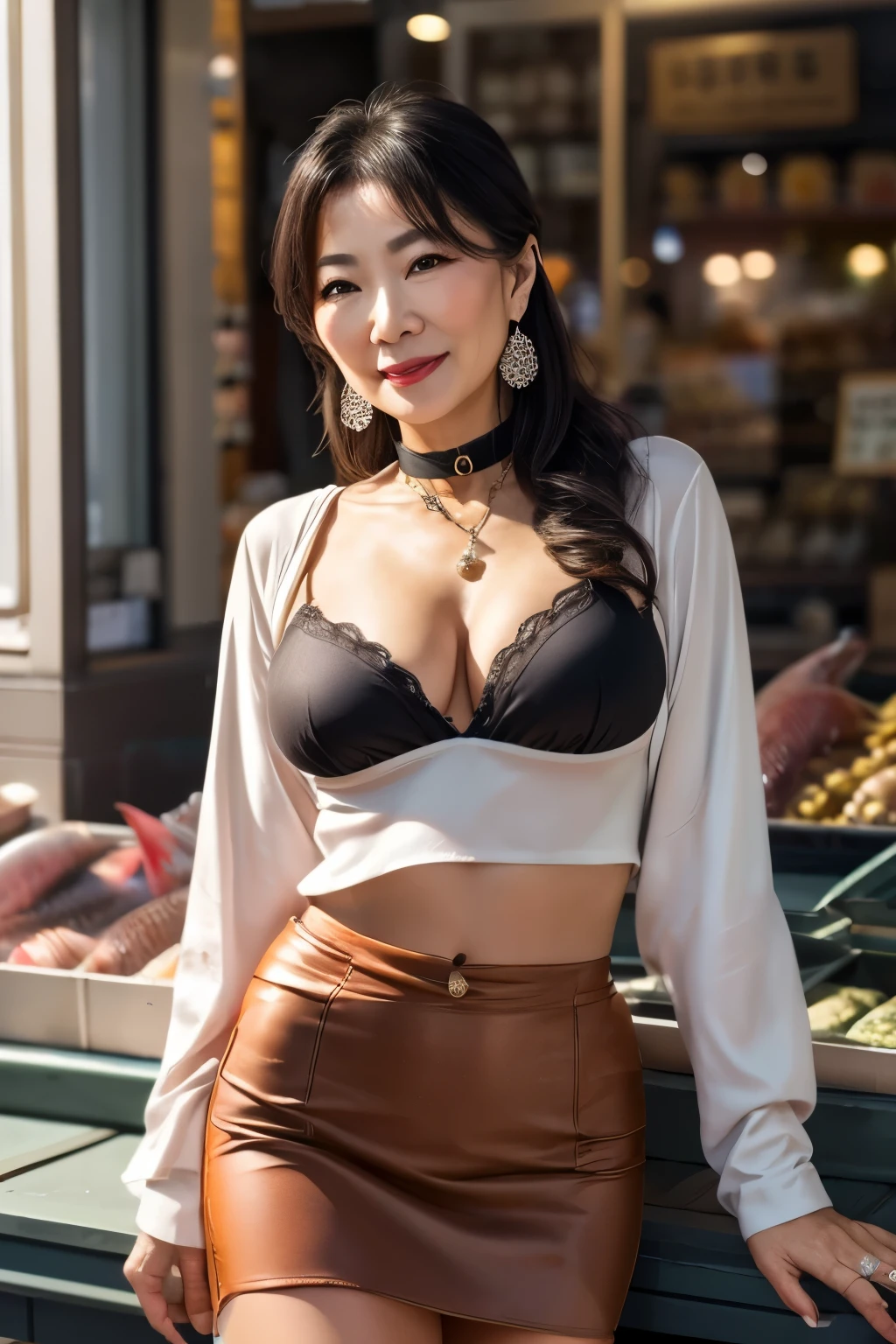 Long sleeve, 75 years old mom milf Chinese Lady large earring Big choker navel piercing decoration A bracelet Silver Hair realisitic Gorgeous Madame Beautiful Mature Woman sexly Smile Gentle woman navel piercing 4K High quality fish shop Fish Market salmon Marche Gorgeous Madame Beautiful Mature Woman