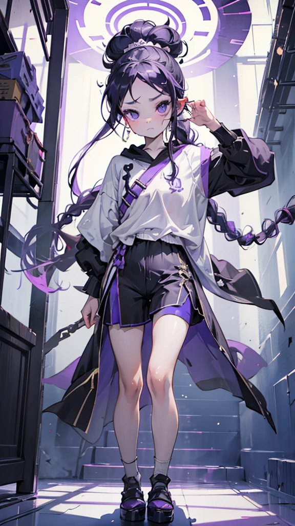 boy, thoughtful look, open forehead, black and purple hair braided into a ponytail on the left side in a bun. small curly black horns wrapped in white ribbon, pale violet eyes, short dark purple shorts. Long white t-shirt. dark purple knee socks. dark purple hooded robe, with a pattern of gold circles and a white robe on the inside. dark corridor with stairs, rays of light fall from above