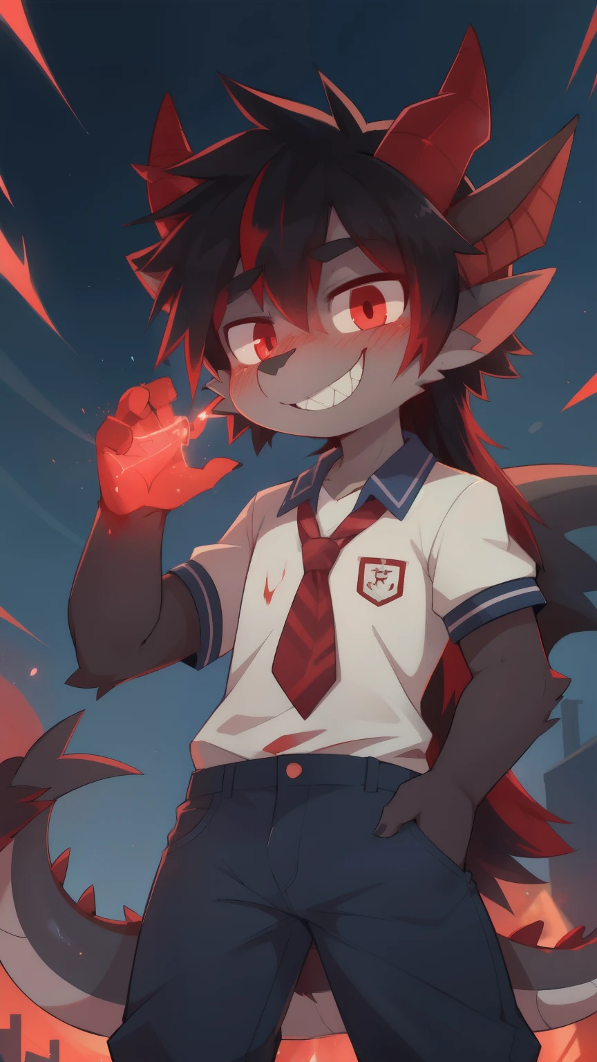 score_9,score_8_up,score_7_up, source_cartoon, source_furry, dragon boy, horns, glowing red eyes, tail, multicolored hair, black hair, red hair, spiky hair, furry, blush, dragon tail, looking at viewer, smile, 1boy, dragon horns, pointy ears, emo hairstyle, long side hair, furry boy, sharp teeths, grin, two tone body fur, black body fur, gray body fur, ((school uniform, school shirt, blue pants)), school, clear sky, standing, hand palm with blood magic, blood magic effect, magic particles, blood magic, magic fight,