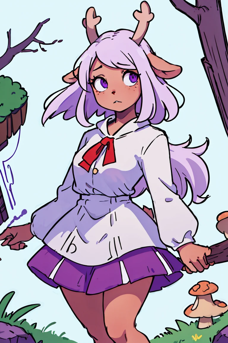 (best qualityer:0.8), perfect anime illustration, 1 girl, in front, gazing at viewer, NoelleHoliday, White hair, red short skirt, Red strappy sleeves, white blouse, purples eyes, big hair, Deer tail, medium breasts, she has a mushroom hat, and lots of mushrooms around, your purple eye makes a spiral