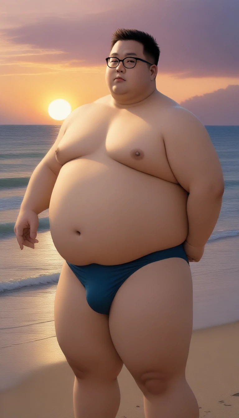 A fat man,Big eyes again,Black round glasses,short hair,Round inches,Big round face,Very large and well-developed chest muscles,Big full belly,Standing on the beach far away from the setting sun,Barefoot and shirtless,Wearing briefs with bulge in the crotch,Oriental male,full-body shot