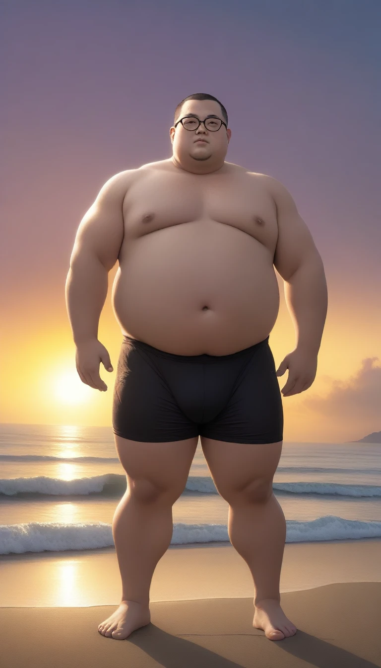A fat man，Big eyes again，Black round glasses，short hair，Round inches，Big round face，Very large and well-developed chest muscles，Big full belly，Standing on the beach far away from the setting sun，Barefoot and shirtless，Wearing briefs with bulge in the ??????，Oriental male，full-body shot