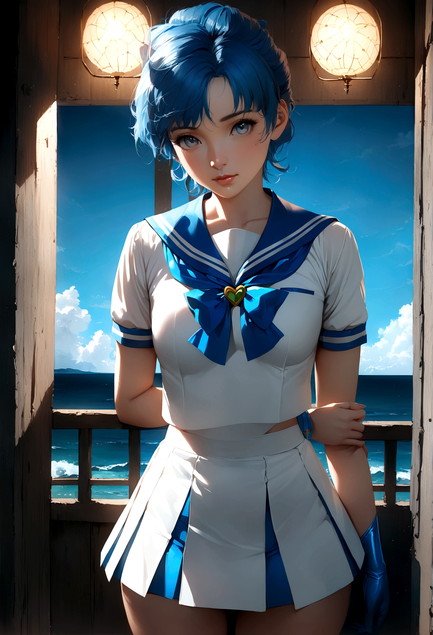 (masterpiece), (Highest quality), Realistic, Cinematic Light, Mizuno Ami, Sailor Mercury, stand, coastal, Perfect body, Blue Hair, uniform,Anime Style,Panty shot,