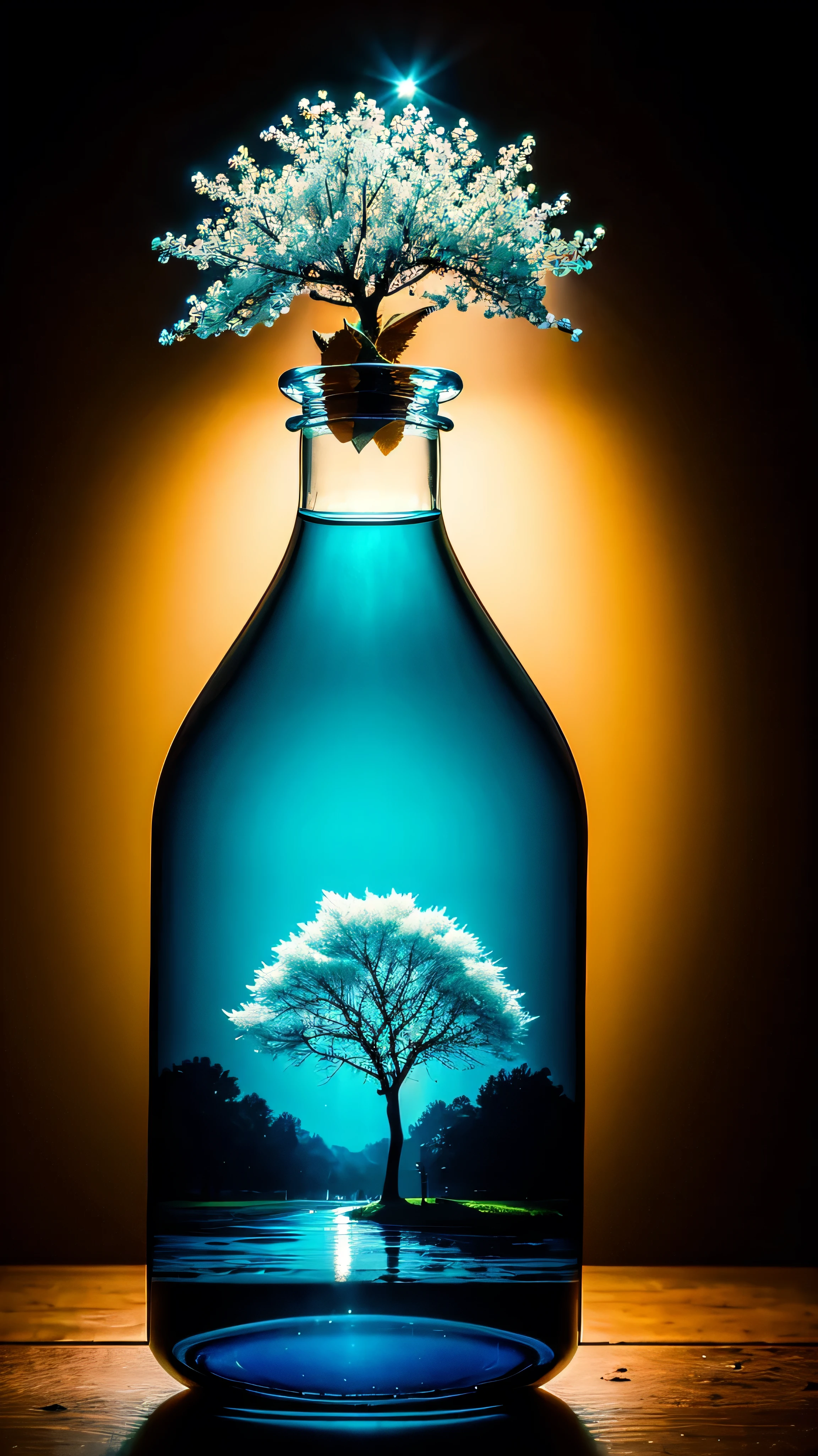 Cherry tree in a bottle, fluffy, Realistic, Refraction of atmospheric light, photograph:Lee Jeffries, Nikon d850 film stock photos 4 kodak portra 400 camera f1.6 Lenses, Rich colors, ultra Realistic Realistic textures, Dramatic lighting, Unreal Engine Trending on Artstation cinestill 800, Style-Glass