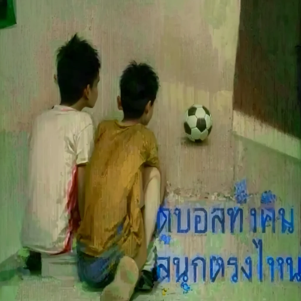 there are two boys sitting on the floor watching a soccer ball, 🇺🇦, thawan duchanee, very coherent image, real ungine, cursed image, they are crouching, nuttavut baiphowongse, patiphan sottiwilaiphong, funny photo, patiphan sottiwilai, with funny feeling, viral image