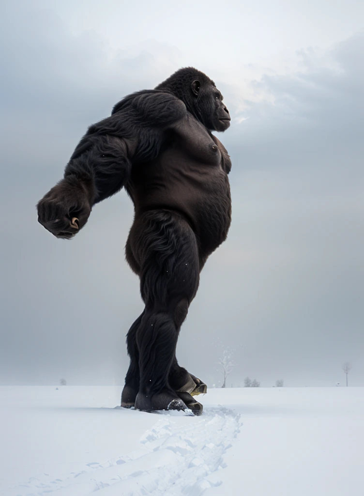 arafed gorilla standing on its hind legs with a white background, black hair gorilla, distant full body view, bigfoot, big foot, full body wide shot, whole body highly detailed, like gorilla, sasquatch,muscular, strong body, full body profile, 1/2 view realistic, full body shot hyperdetailed, highly detailed full body, ( sasquatch, full body close-up shot
