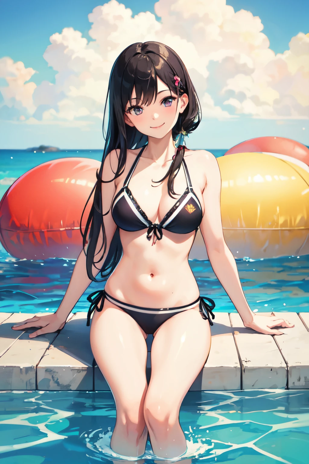 ((Highest quality)), ((masterpiece)), (detailed), high school girl,Lewd,Black Hair,smile,Swimwear
