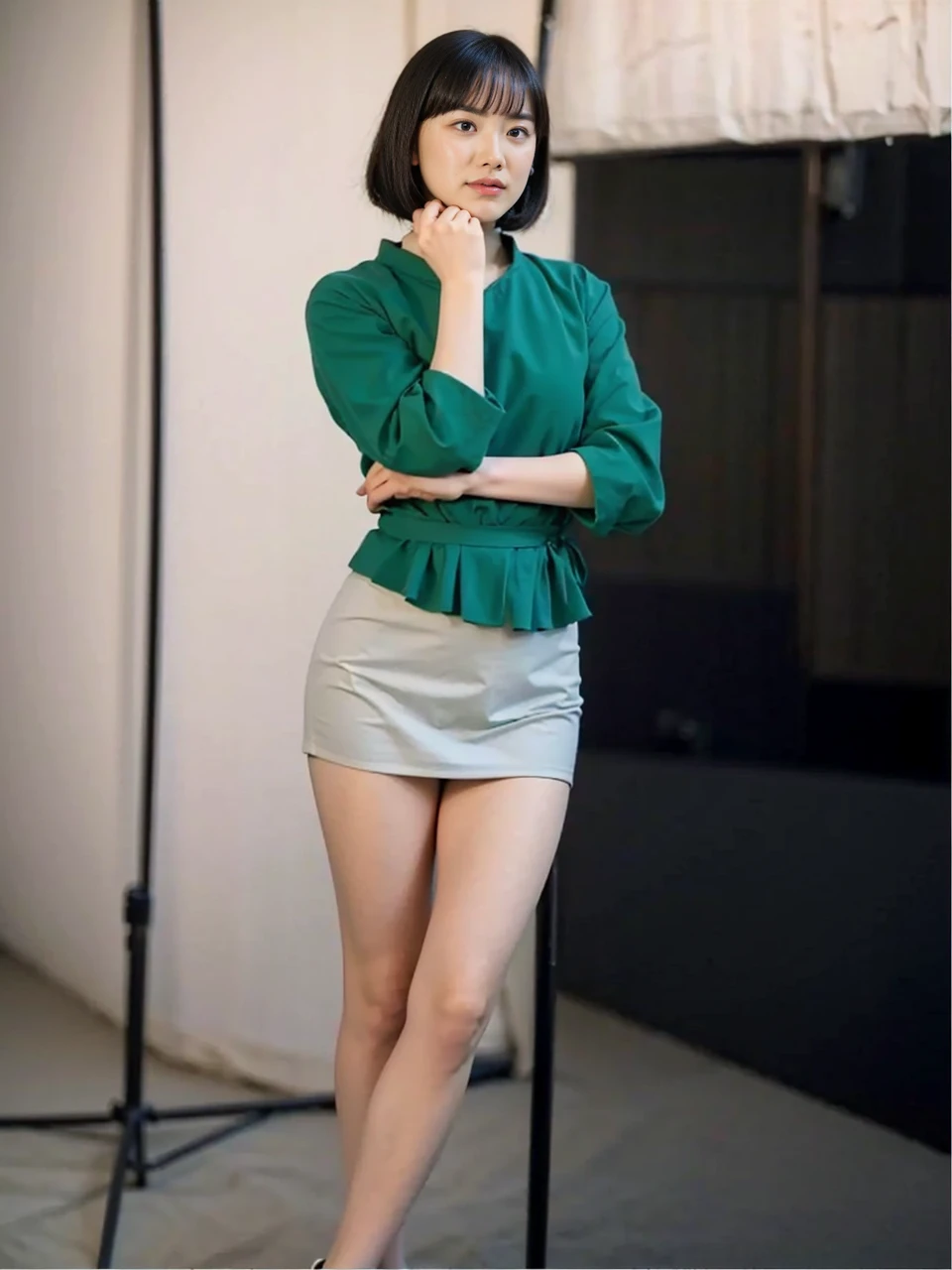 There was a woman sitting in a chair wearing a green shirt, green and black, Black and green, Gorgeous female jade tailor, thighhighs and skirt, wearing shirt, green and black color scheme, green legs, Knees upturned, sitting on a stool, Black skirt, white shirt and green skirt, fubuki, Short black hair